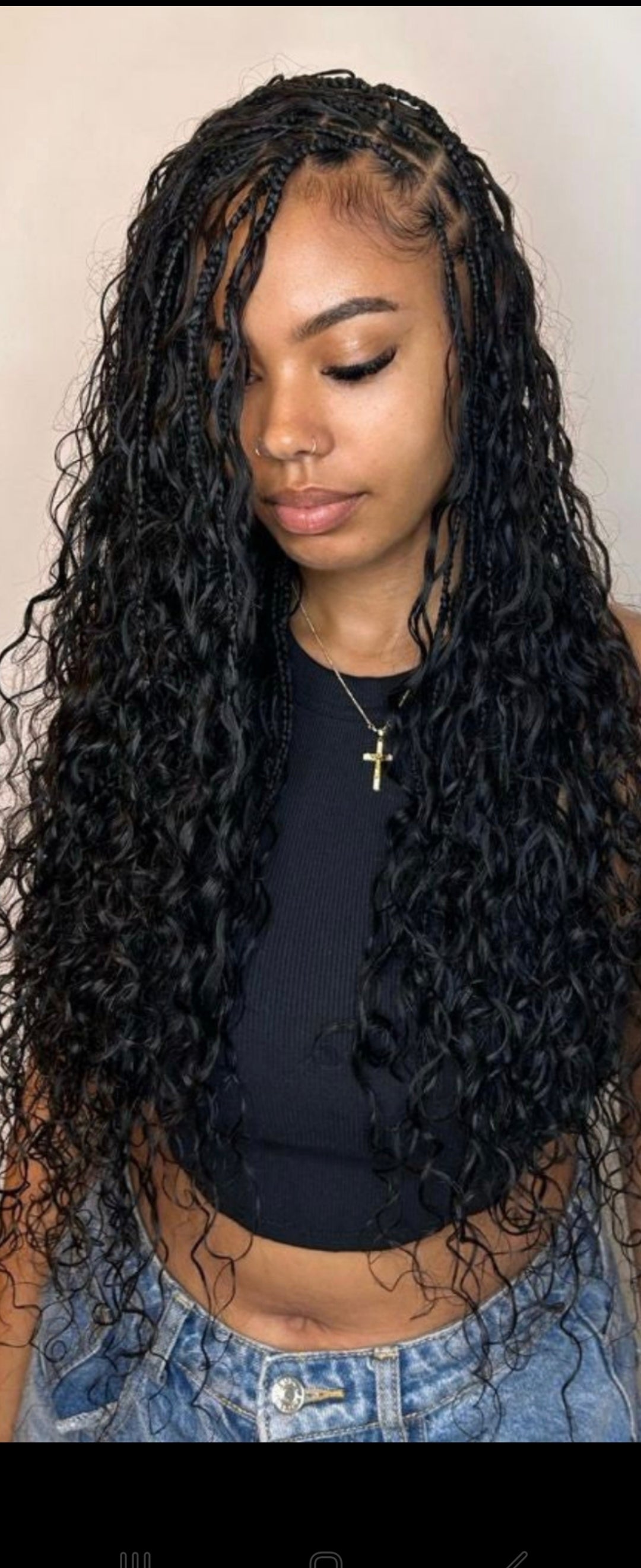 (1c,,) BOHO KNOTLESS BOX BRAID SMALL MEDIUM, WE PROVIDE SYTHENTIC CURLS, BUT WE SELL HUMAN HAIR FOR $60 A PACK. CHOICES ARE FOR YOU TO MAKE. MID-BACK to WAIST-LENGTH.
