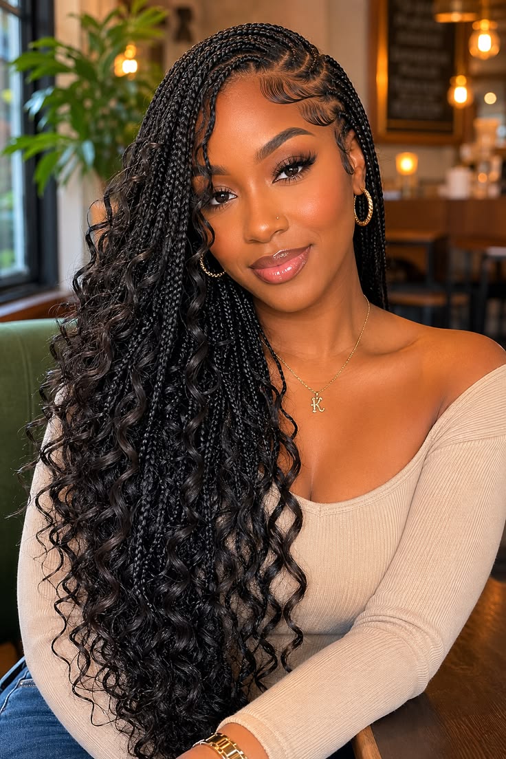 (1) > SMALL KNOTLESS BOX BRAID / BOHO BOX BRAIDS, WITH SYNTHETIC CURLY HAIR AND BRAIDING HAIR INCLUDED ON THIS SERVICE. YOU CAN ALSO BRING YOUR OWN CURLY HAIR AND GET $10 DISCOUNT. SCROLL FOR OPTIONS TO BOOK DIFFERENT SIZES.