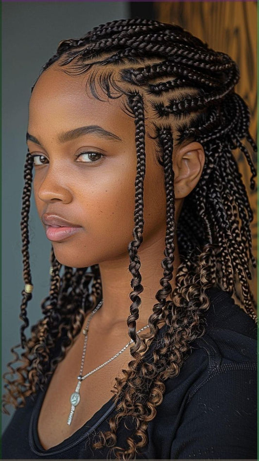 (C9 ) BOX BRAIDS WITH CURLS, SMALL MEDIUM,  SAME LENGTH LIKE PICTURE. HAIR-INCLUDED