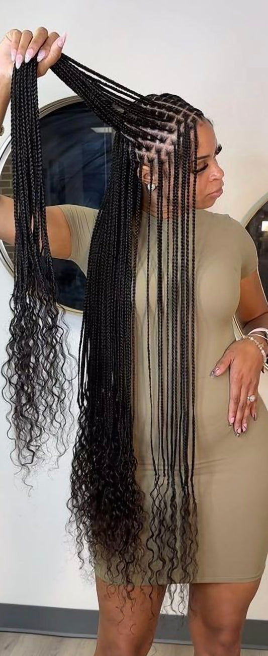 (1e) SMALL KNOTLESS BOX BRAID, mid back $300, WAIST LENGTH $400, BUTT LENGTH $450, we curl the end, but u can bring your own human hair if u want to add it to the end.