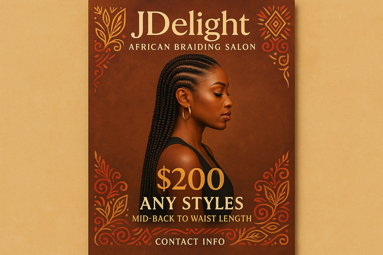 Professional salon flyer for JDelight African Braiding Salon