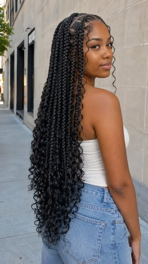 (1) > SMALL KNOTLESS BOX BRAID / BOHO BOX BRAIDS,  WITH SYNTHETIC CURLY HAIR AND BRAIDING HAIR INCLUDED ON THIS SERVICE.  YOU CAN ALSO BRING YOUR OWN CURLY HAIR AND GET $10 DISCOUNT. SCROLL FOR OPTIONS TO BOOK DIFFERENT SIZES.
