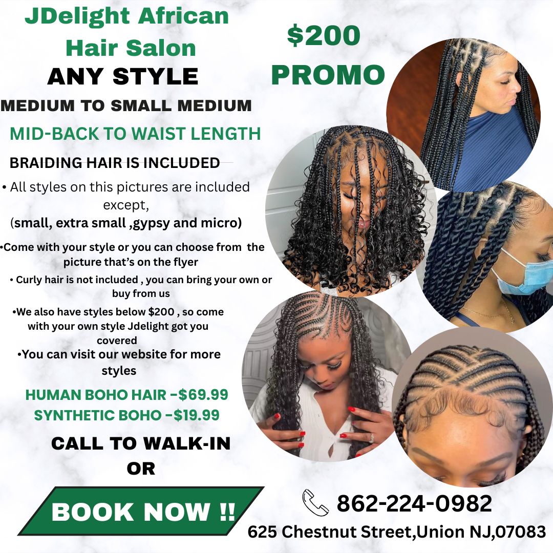(1a,,) JDELIGHT SPECIAL > ANY STYLE FROM THIS FLYER,  MID-BACK TO WAIST- LENGTH WITH BRAIDING HAIR INCLUDED. SYTHENTIC CURLS INCLUDED,  HUMAN HAIR CURL $59:99.