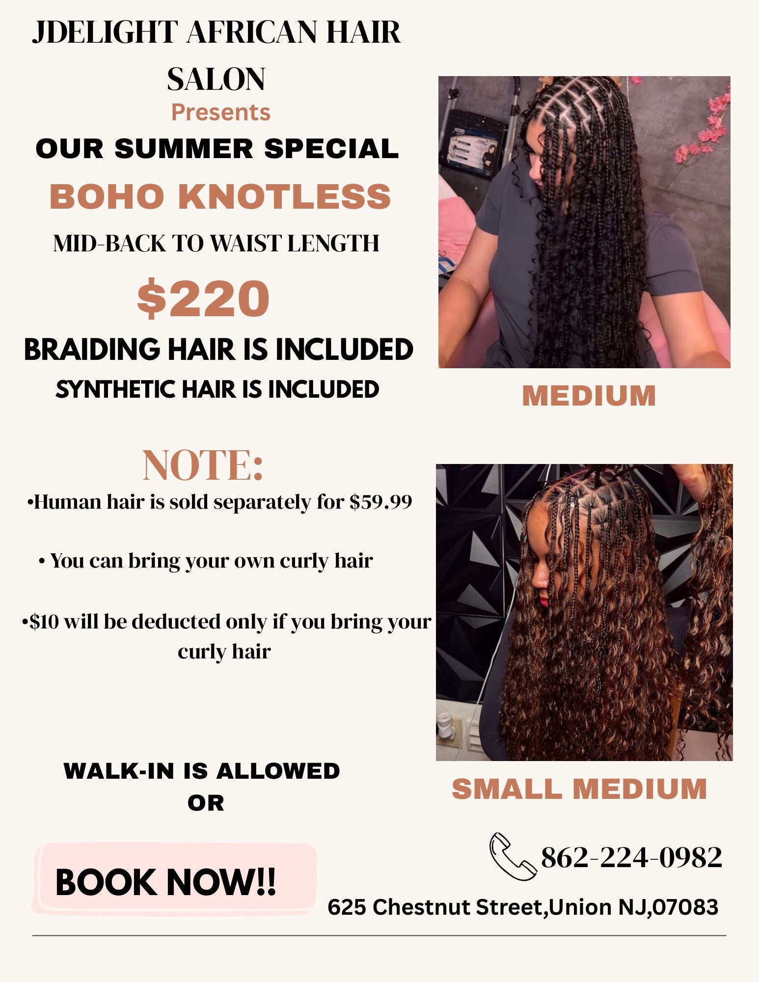 (1) SPECIAL PROMO BOHEMIAN KNOTLESS BOX BRAIDS SMALL MEDIUM TO MEDIUM MID-BACK  TO WAIST-LENGTH.