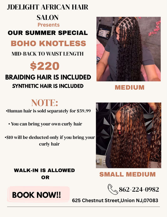 (1) SPECIAL PROMO BOHEMIAN KNOTLESS BOX BRAIDS SMALL MEDIUM TO MEDIUM MID-BACK  TO WAIST-LENGTH.