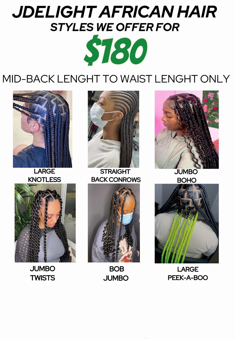 (1) SPECIAL PROMO,  ANY HAIR STYLE ON THIS FLYER MEDUIM LARGE HAIR-INCLUDED EXCEPT CURLY PICS.
