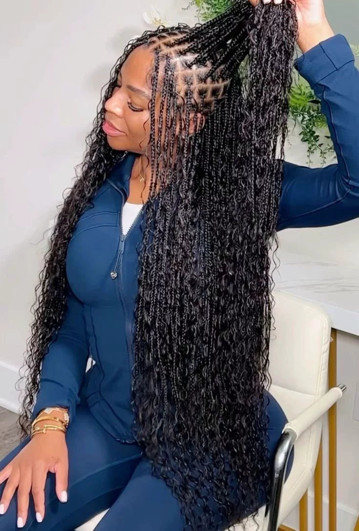 (1a.) SUMMER SPECIAL BOHO KNOTLESS BOX BRAID OR BOX BRAIDS WITH HUMAN HAIR CURL INCLUDED.(medium size mid back