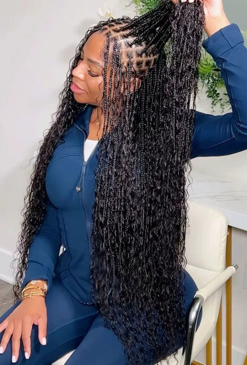 (1a.) SUMMER SPECIAL BOHO MEDUIM  KNOTLESS BOX BRAID OR BOX BRAIDS WITH HUMAN HAIR CURL INCLUDED.(medium size mid back