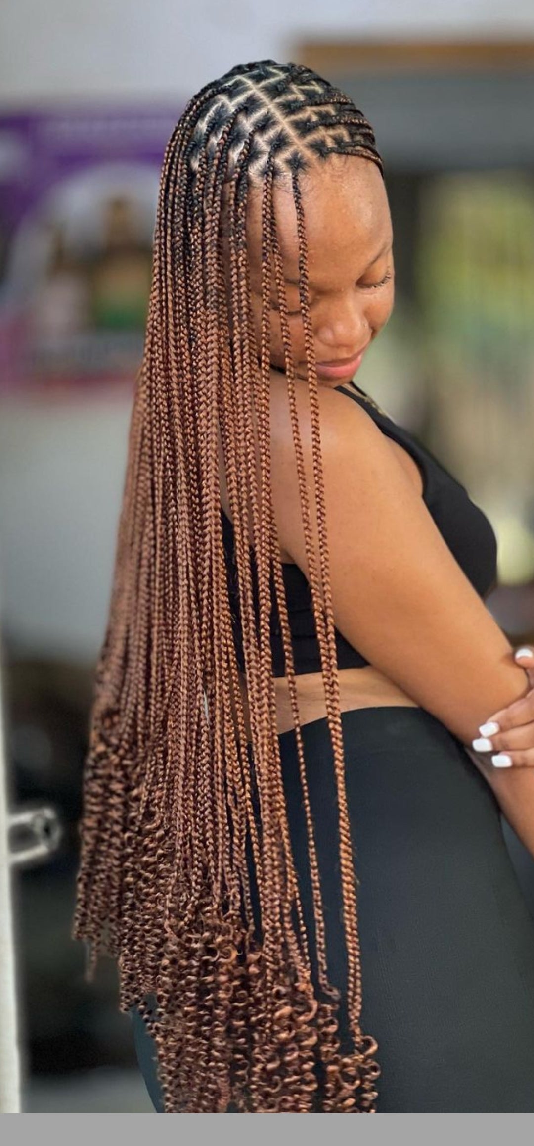 (B)> SMALL KNOTLESS BOX BRAID WITH CURLS @ END, (HAIR INCLUDED) MID-BACK $230, WAIST LENGTH $250 , BUTT LENGTH $300.