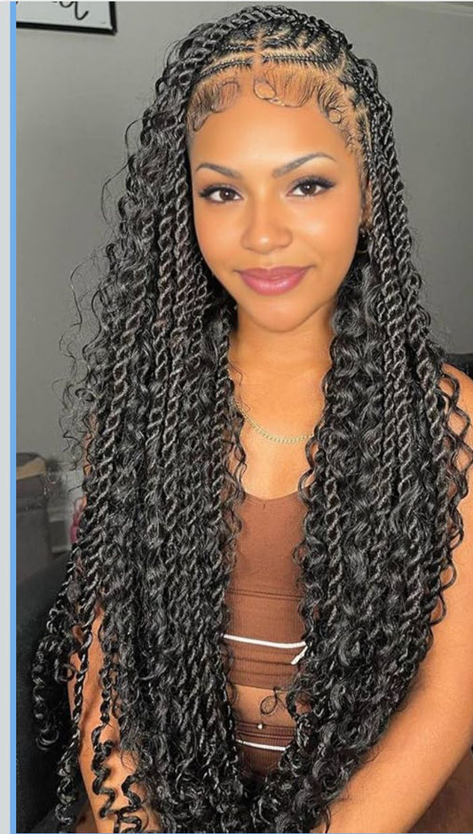 (1c2)  CUTE BOHO KNOTLESS TWIST.  WITH SYTHENTIC CURLY HAIR-INCLUDED . WE PROVIDE DIFFERENT COLORS OF BRAIDING AND CURLY HAIR.