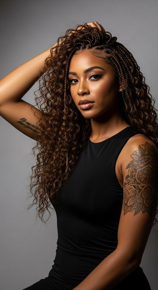 (3b) BOHEMIAN BOX BRAID SIZE SMALL WITH HUMAN HAIR CURL HAIR-INCLUDED.