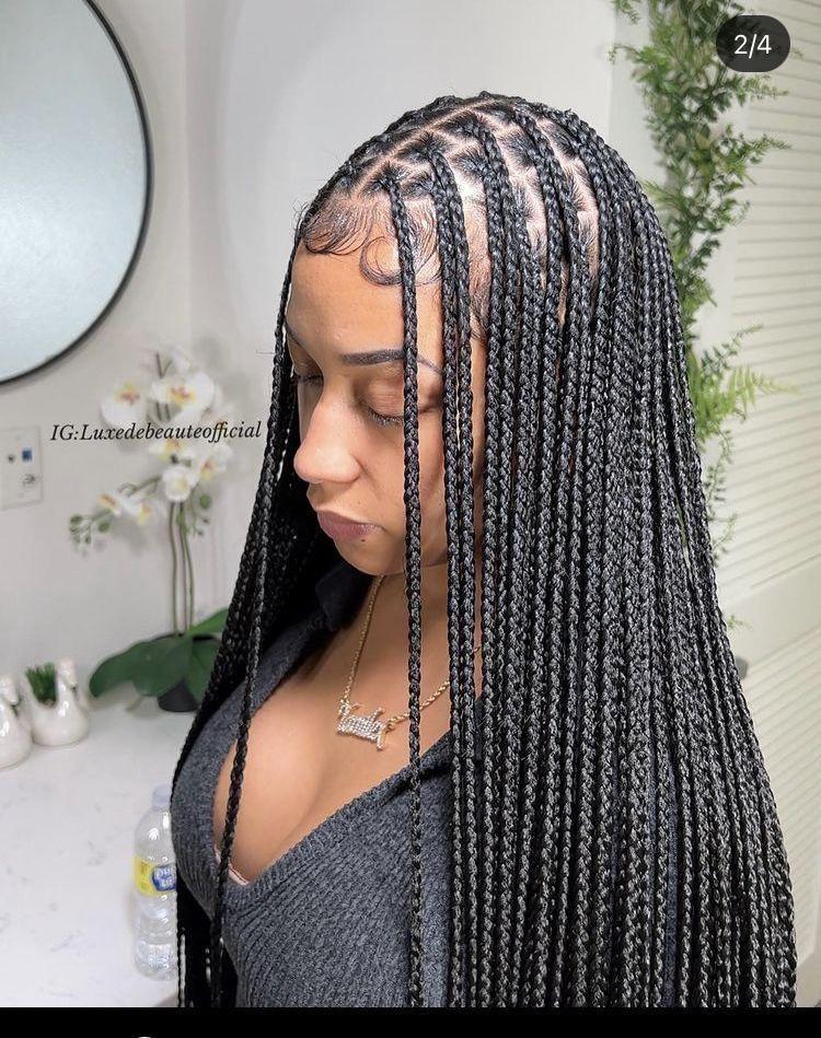 (A) KNOTLESS BOX BRAID (SMALL MEDIUM) (MID-BACK $190) (WAIST-LENGTH $220) ( BUTT OR UNDER BUTT $250) HAIR-INCLUDED ON THIS SERVICES.