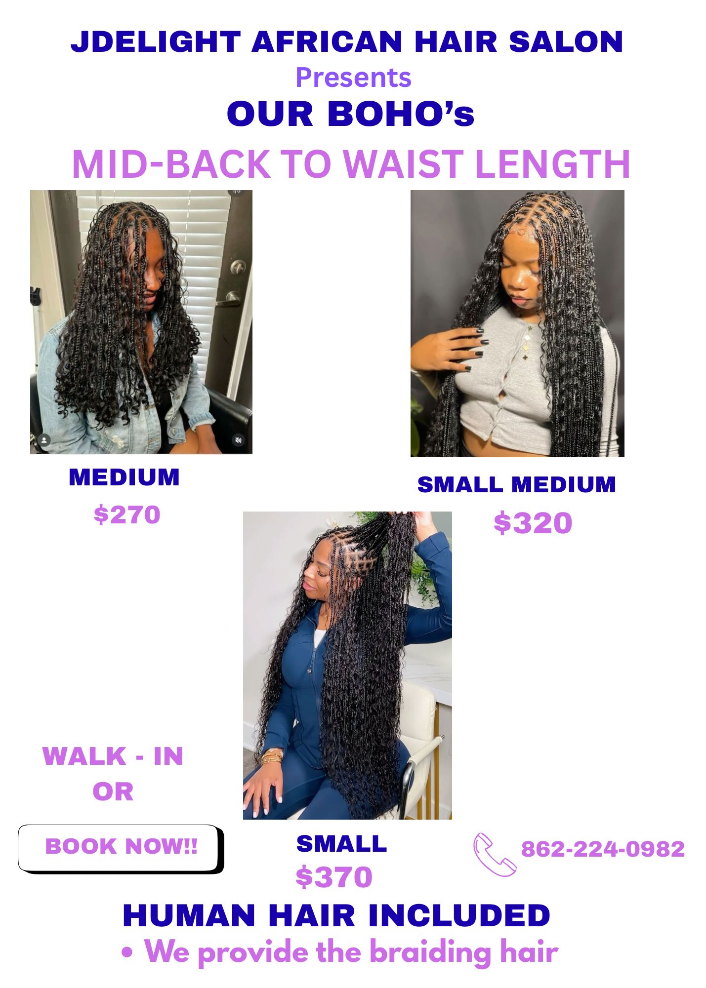 (1a) BOHO KNOTLESS BOX BRAID OR TWISTS WITH HUMAN HAIR CURLY  AND BRAIDING HAIR INCLUDED.  Please read flyers for more instructions