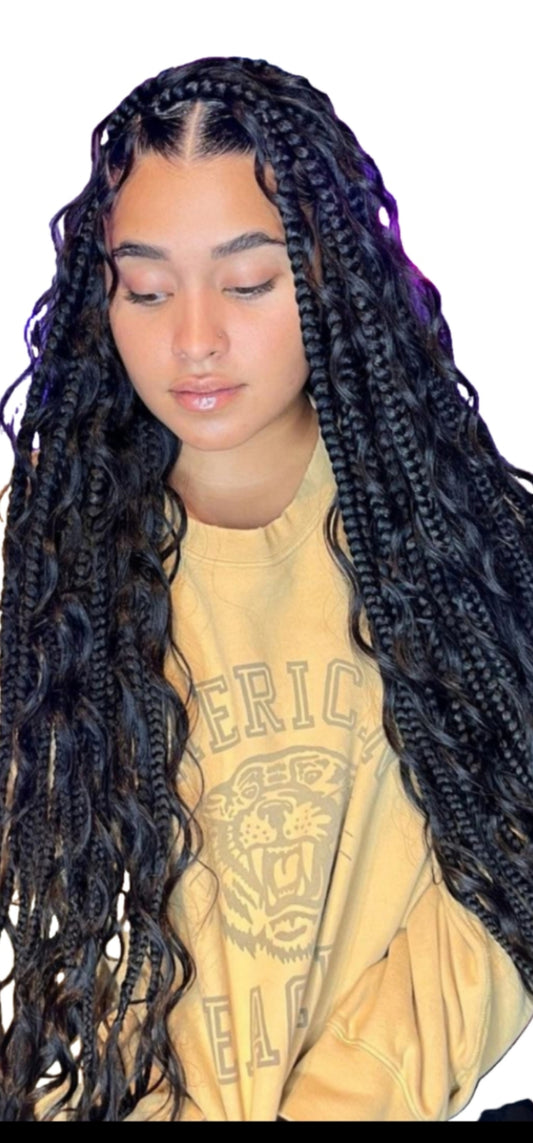 (C)> BOHO KNOTLESS BOX BRAID CURLY HAIR NOT INCLUDED)