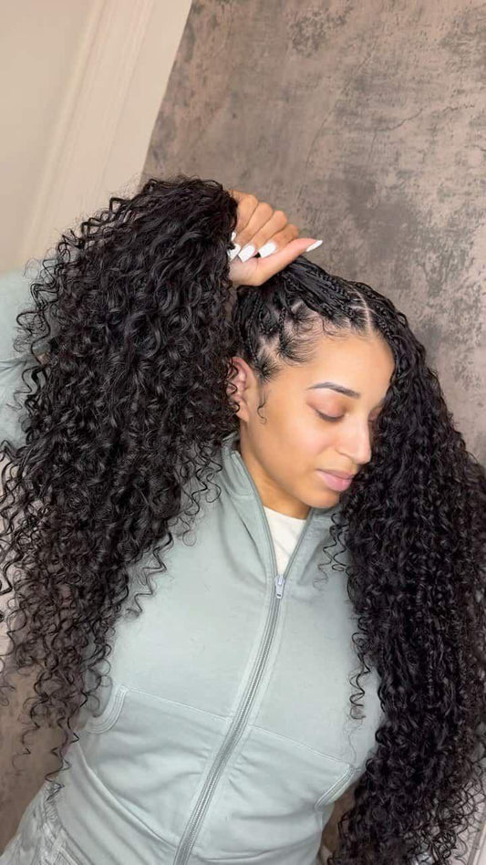 (F3) GYPSY BRAID MEDIUM,  THIS IS VERY FULL WITH (300G ) OF HUMAN HAIR CURLS, WE PROVIDE 100% HUMAN HAIR CURLS FOR THIS STYLE, MID-BACK $550, WAIST LENGTH $650.