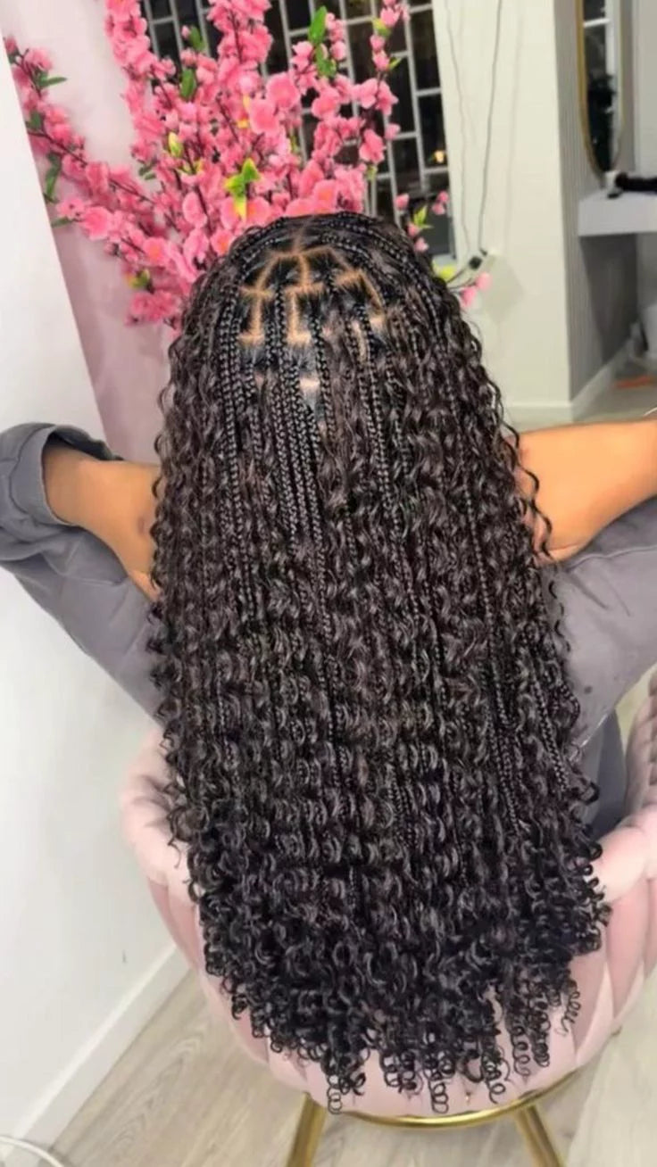 (1a.) SUMMER SPECIAL BOHO KNOTLESS BOX BRAID OR BOX BRAIDS WITH HUMAN HAIR CURL INCLUDED.(medium size mid back