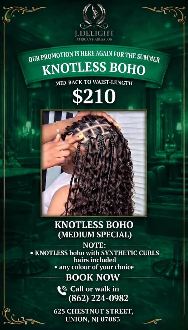 (1) SUMMER SPECIAL BOHO KNOTLESS BOX BRAID OR BOX BRAIDS WITH SYTHENTIC CURLY HAIR  INCLUDED