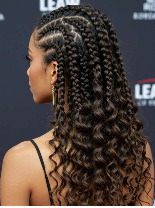 (2bb) curly ends straight back conrows.  SYTHENTIC curl included.
