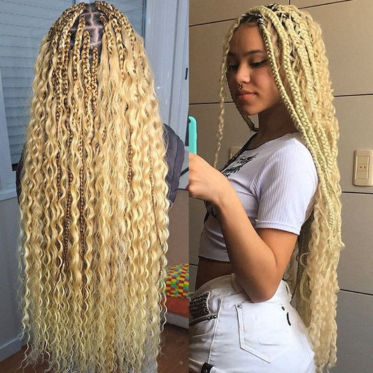 (H2) BOHO KNOTLESS BOX BRAIDS, WITH COLOR 613 ONLY |CURL ARE HAND-MADE  FROM THE BRAIDING EXTENSIONS|