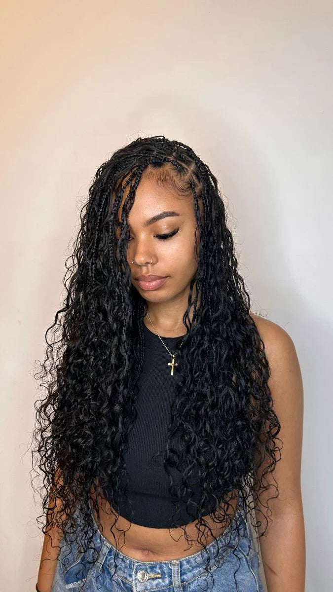 (1a.) SUMMER SPECIAL BOHO KNOTLESS BOX BRAID OR BOX BRAIDS WITH HUMAN HAIR CURL INCLUDED.(medium size mid back