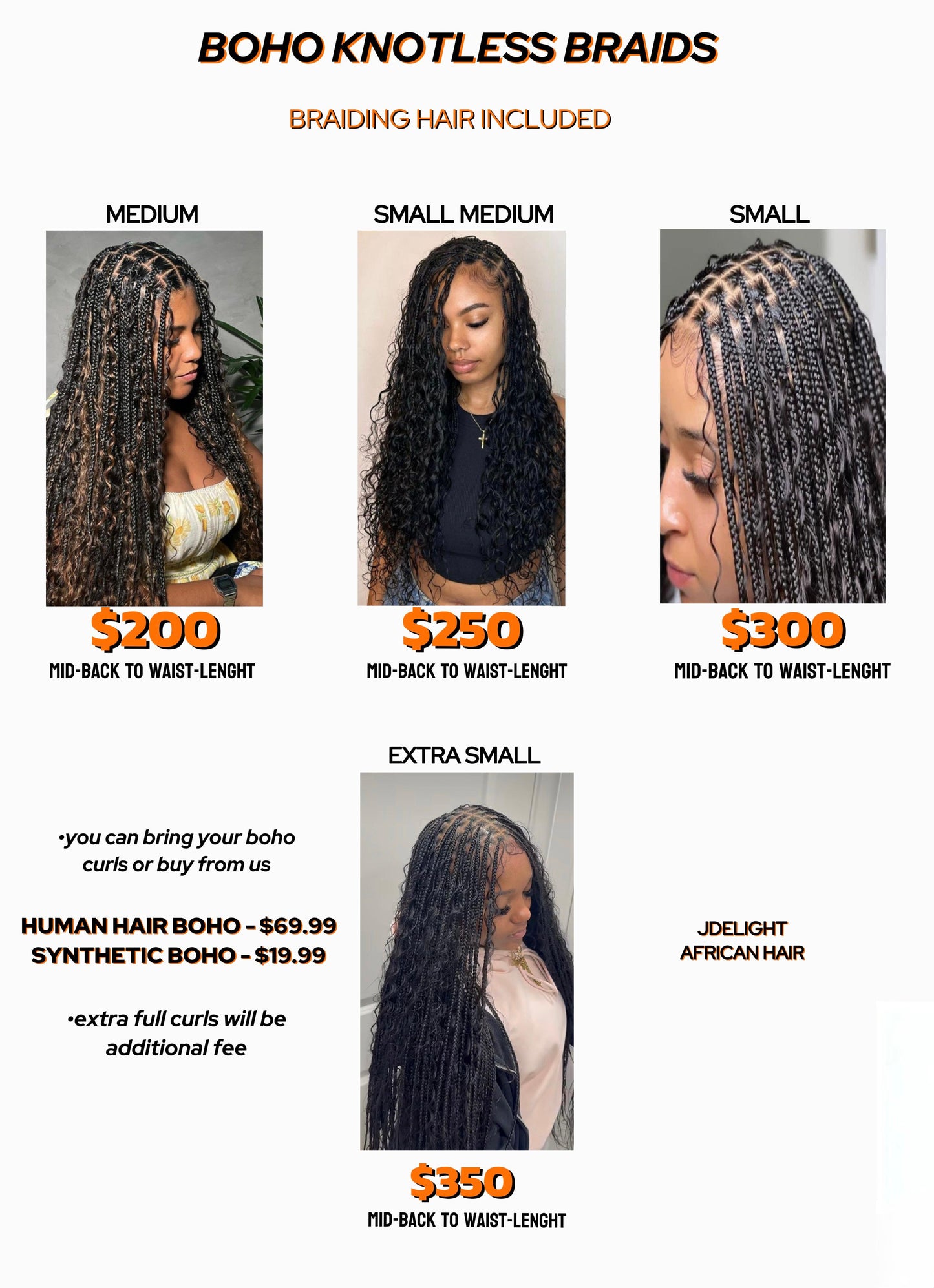 (1a) BOHEMIAN KNOTLESS BOX BRAIDS SIZES AND THEIR PRICES ON THIS FLYERS.