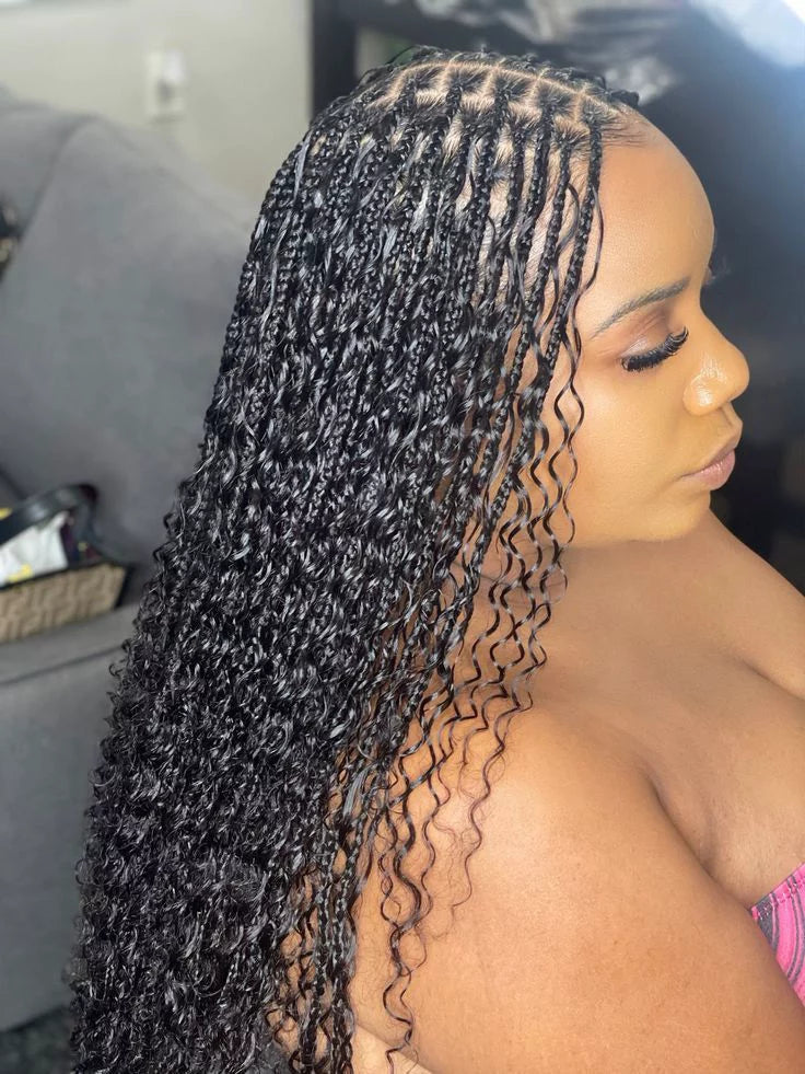 (1a.) SUMMER SPECIAL BOHO KNOTLESS BOX BRAID OR BOX BRAIDS WITH HUMAN HAIR CURL INCLUDED.(medium size mid back