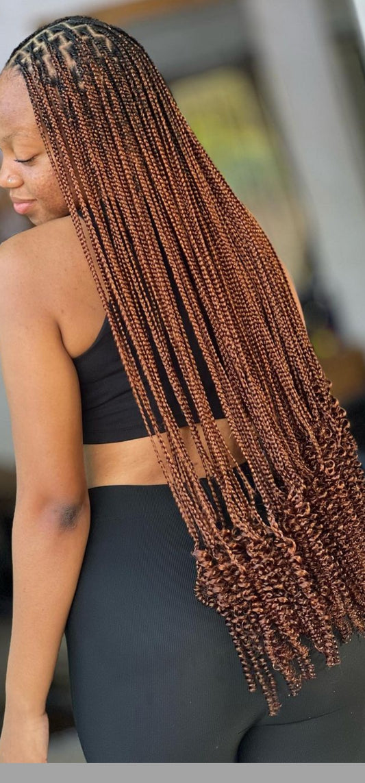 (B)> SMALL KNOTLESS BOX BRAID WITH CURLS @ END, (HAIR INCLUDED) MID-BACK $230, WAIST LENGTH $250 , BUTT LENGTH $300.