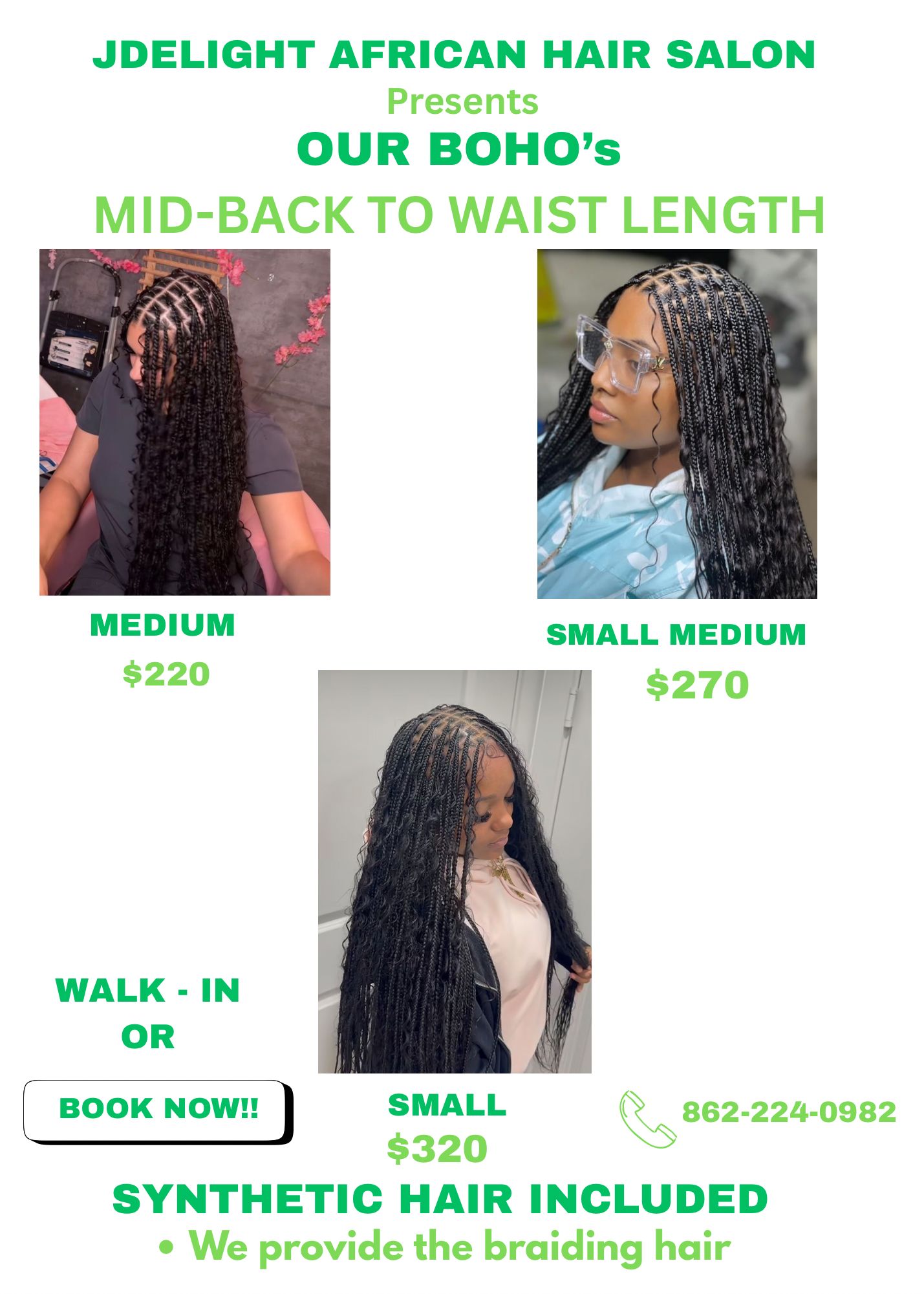 (1a) BOHEMIAN KNOTLESS BOX BRAIDS  WITH CURLY HAIR  & BRAIDING HAIR INCLUDED.  PLEASE READ FLYER FOR MORE INSTRUCTIONS.
